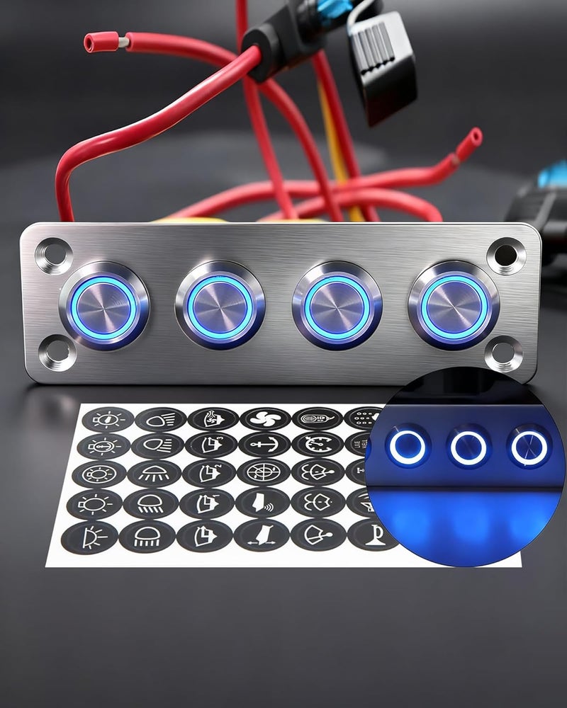 IZTOSS 4 Gang Aluminum Marine Rocker Switch Panel - Pre-Wired with Blue LED Indicator, 12-24 V Multi-Function Rocker Switch - Ideal for Marine motorhomes, Yachts - Image 1